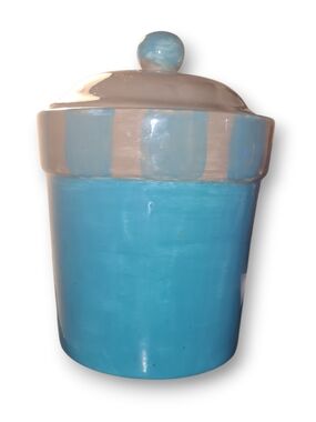 Hand Painted Lidded Canister Sky Blue Glazed Terracotta Clay 5.5"